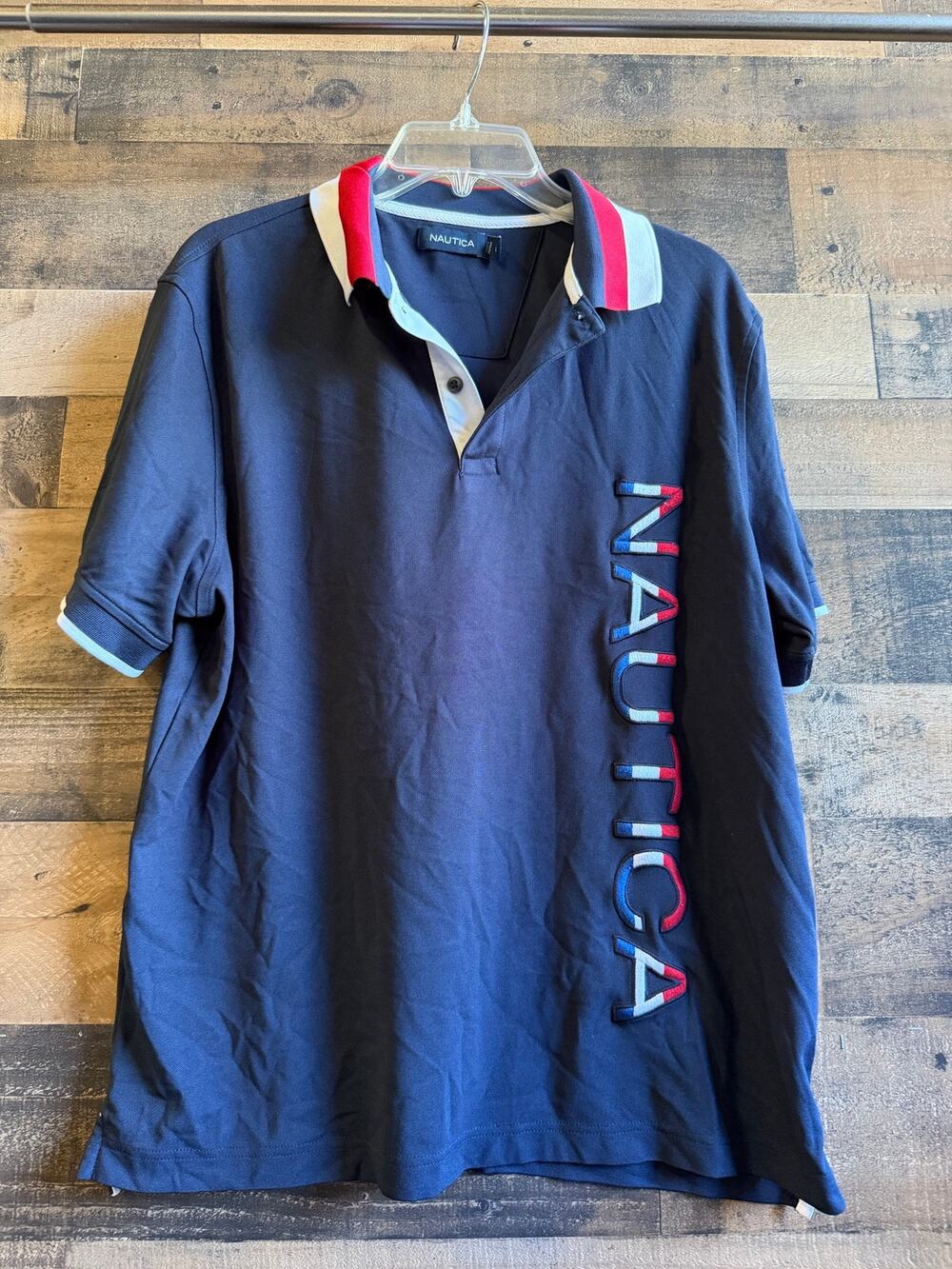 Nautica Mens Blue Polo Shirt Large-Short Sleeve-Big Vertical Logo/Blocked Collar